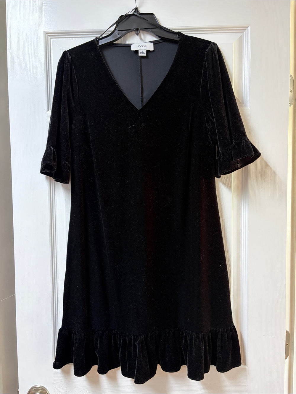 CeCe Black Velvet V-Neck Ruffle-Hem Midi Dress
